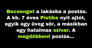 A postásnak egy hétéves kisfiú nyit ajtót sörrel a kezében (Vicc)