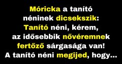 Móricka azt mondja a tanító néninek, hogy a nővérének sárgasága van (Vicc)