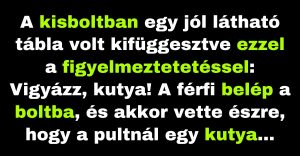 A férfi egy fekvő kutyára lesz figyelmes a kisboltban. (Vicc)