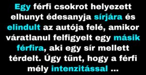 Egy férfi a temetőben egy rejtélyes férfit gyászol (Vicc)