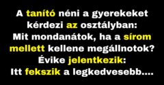 A tanító néni tudni akarja, mit mondanának a diákok a sírjánál (Vicc)